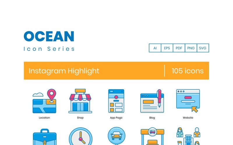 105 icone di evidenziazione di Instagram - serie oceanica