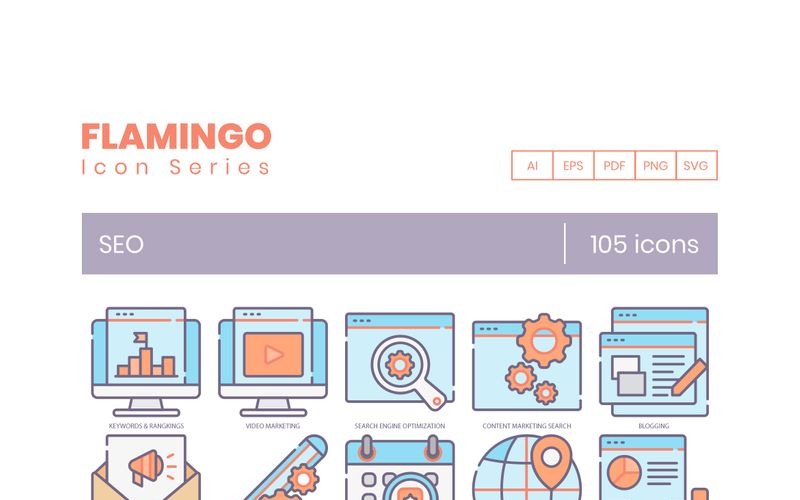 105 icônes SEO - Ensemble de la série Flamingo
