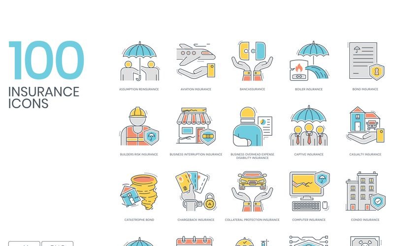 Download Набор иконок "100 Insurance Icons - ColorLine Series Set" / 100 Insurance Icons - ColorLine Series Set - Набор иконок на тему графика 
