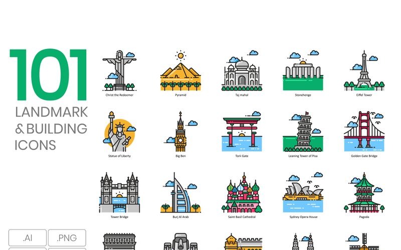 Download Набор иконок "101 Landmark _ Building Icons - Aesthetic Series Set" / 101 Landmark _ Building Icons - Aesthetic Series Set - Набор иконок на тему графика 
