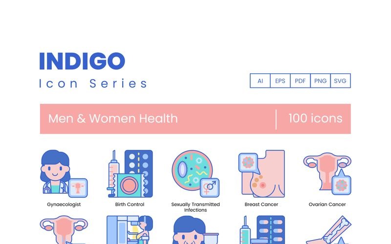 Download Набор иконок "100 Men _ Women Health Icons - Indigo Series Set" / 100 Men _ Women Health Icons - Indigo Series Set - Набор иконок на тему графика 