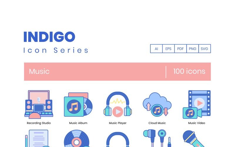 Download Набор иконок "100 Music Icons - Indigo Series Set" / 100 Music Icons - Indigo Series Set - Набор иконок на тему графика 