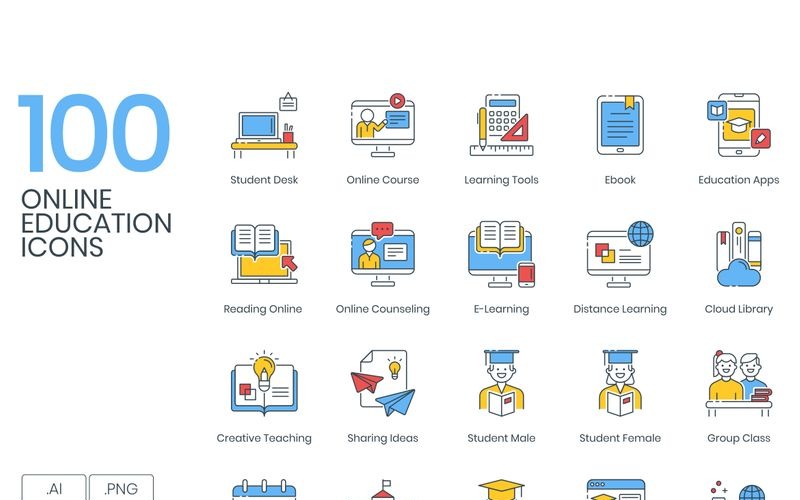 Download Набор иконок "100 Online Education Icons - ColorPop Series Set" / 100 Online Education Icons - ColorPop Series Set - Набор иконок на тему графика 