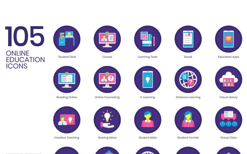 Download Набор иконок "105 Online Education Icons - Orchid Series Set" / 105 Online Education Icons - Orchid Series Set - Набор иконок на тему графика 