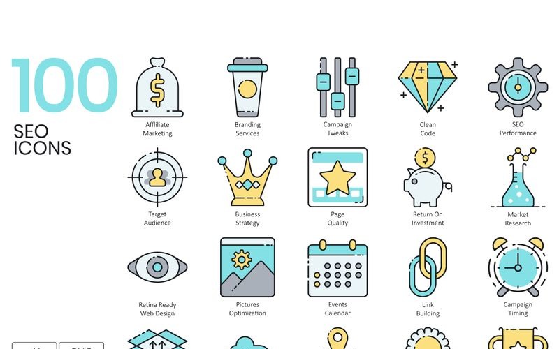 Download Набор иконок "100 SEO Icons - Aqua Series Set" / 100 SEO Icons - Aqua Series Set - Набор иконок на тему графика 
