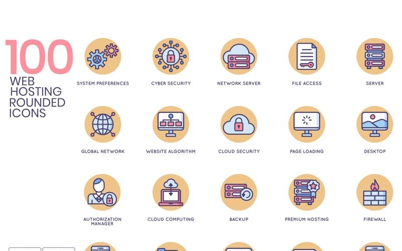 Download Набор иконок "100 Web Hosting Icons - Butterscotch Series Set" / 100 Web Hosting Icons - Butterscotch Series Set - Набор иконок на тему графика 