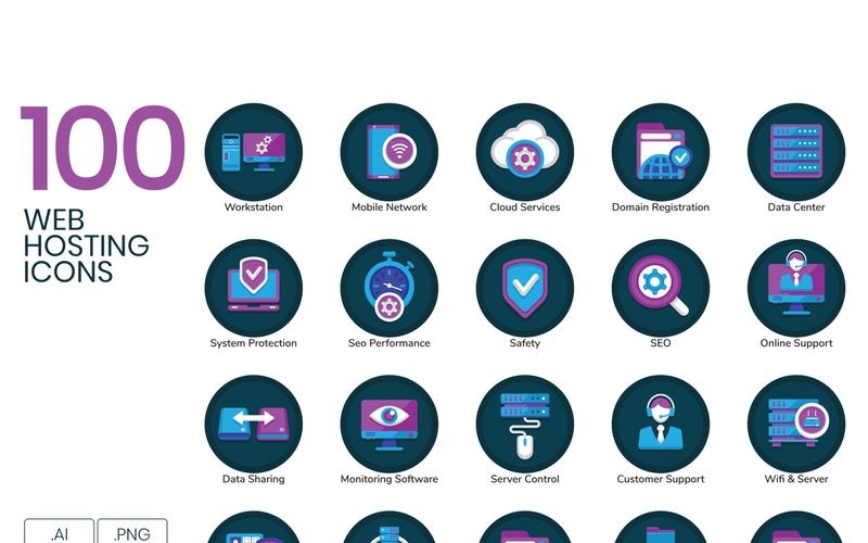 Download Набор иконок "100 Web Hosting Icons - Orchid Series Set" / 100 Web Hosting Icons - Orchid Series Set - Набор иконок на тему графика 