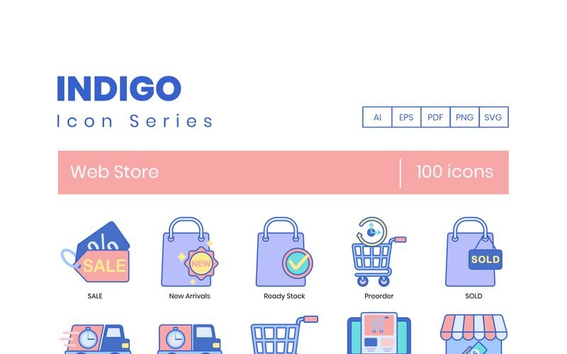 100 Web Mağazası Simgeleri - Indigo Serisi Set