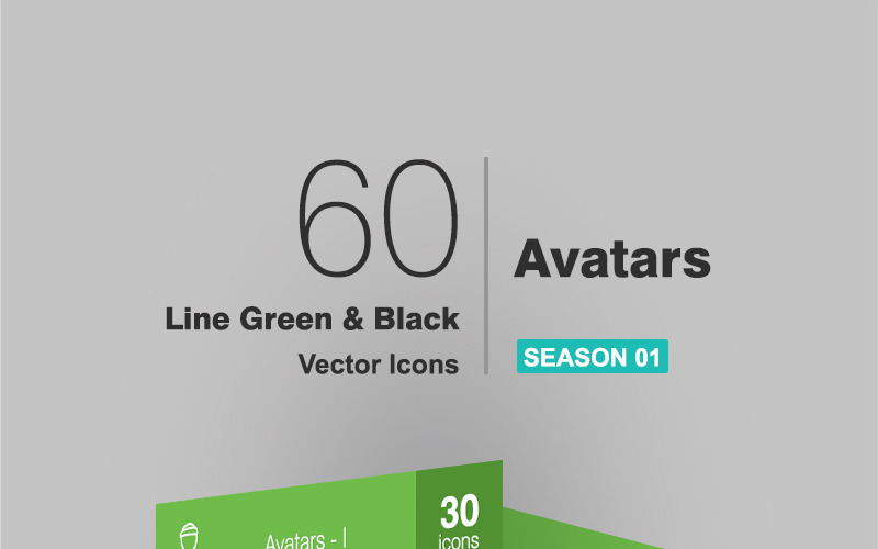 Download Набор иконок "60 Avatars Line Green & Black Icon Set" / 60 Avatars Line Green & Black Icon Set - Набор иконок на тему графика avatars icon characters people person user male female girl boy man woman styles personalities humans glasses scarf bandana punk hairstyle