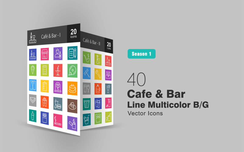 Conjunto de ícones multicolor B / G da linha 40 Cafe & Bar