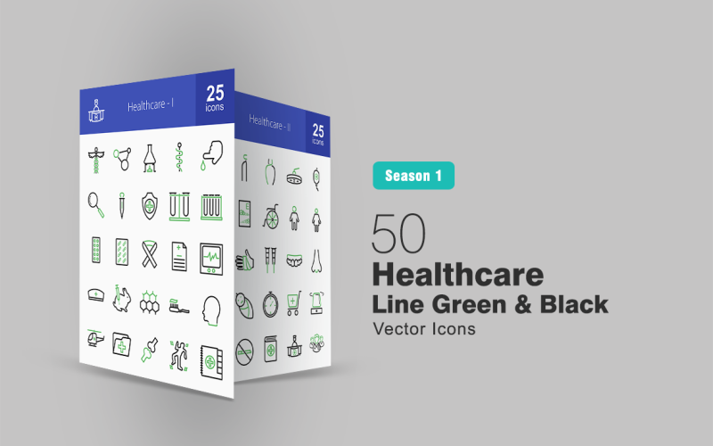 Conjunto de ícones verdes e pretos da 50 Healthcare Line