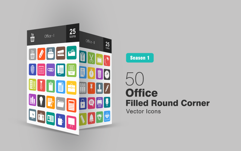 50 ensemble d'icônes de coin rond rempli de bureau
