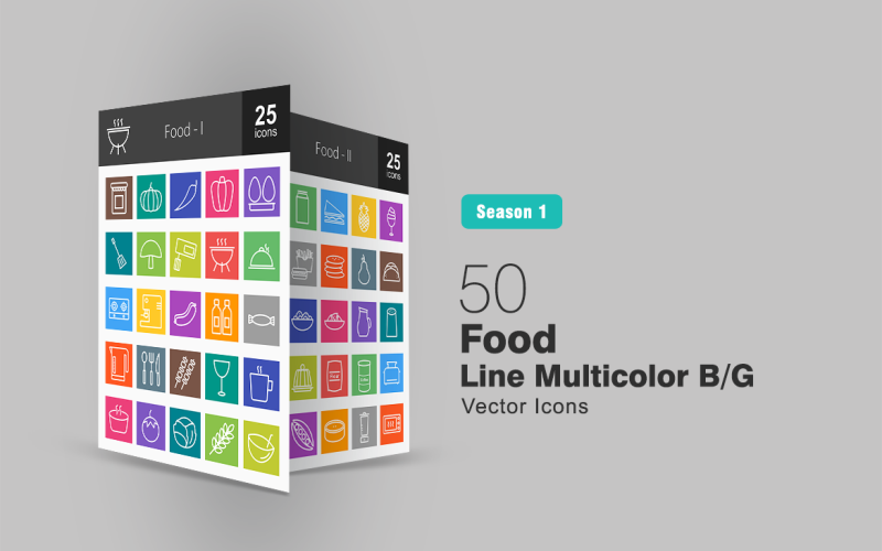 Download Набор иконок "50 Food Line Multicolor B/G Icon Set" / 50 Food Line Multicolor B/G Icon Set - Набор иконок на тему графика food icon eggs cooking pot stove coffee bottles crockery tea wine soup tomato sandwich icecream drinks water salt jelly iconbunny