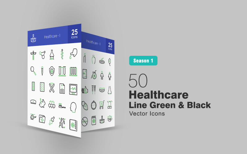 Download Набор иконок "50 Healthcare Line Green & Black Icon Set" / 50 Healthcare Line Green & Black Icon Set - Набор иконок на тему графика healthcare icon medical sign blood sample magnifying glass chemistry experiment human face records patient dentist wheelchair baby siren ambulance doctor
