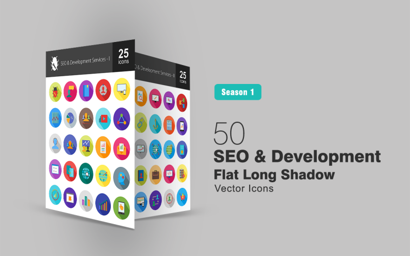 Набор из 50 плоских иконок с длинной тенью для SEO и разработки