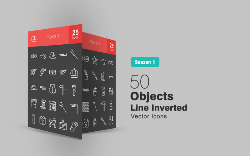 Download Набор иконок "50 Objects Line Inverted Icon Set" / 50 Objects Line Inverted Icon Set - Набор иконок на тему графика objects icon binoculars cannon rope lamp safety pin mailbox dice slippers goggles stroller paper plane crown bottle skateboard blade thread