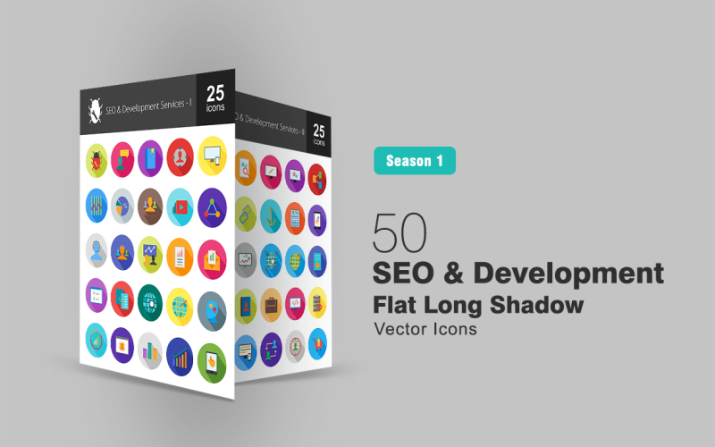 Download Набор иконок "50 SEO & Development Flat Long Shadow Icon Set" / 50 SEO & Development Flat Long Shadow Icon Set - Набор иконок на тему графика seo icon development services blog responsive design competitor analysis related content email marketing customer support mobile application game developing monitoring