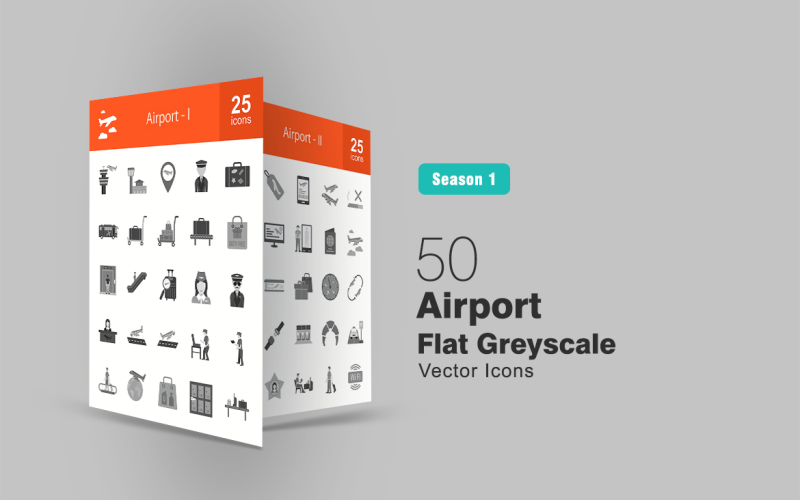 Download Набор иконок "50 Airport Flat Greyscale Icon Set" / 50 Airport Flat Greyscale Icon Set - Набор иконок на тему графика airport,icon,building,security,bus,luggage,passanger,crew,flight,plane,aeroplane,bag,fly,pilot,hostess,information,ticket,runway,seats,passport