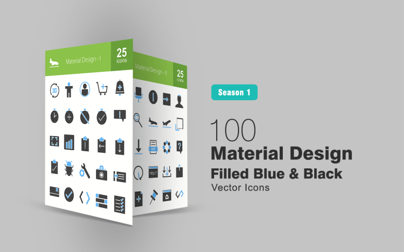 Conjunto de ícones 100 preenchidos com material design em azul e preto