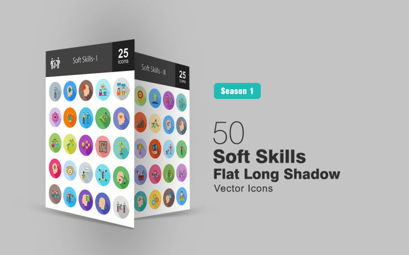 Conjunto de ícones de 50 habilidades suaves de longa sombra