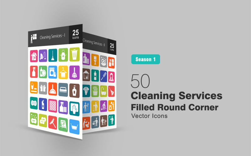 Conjunto de ícones de 50 serviços de limpeza preenchidos com cantos redondos