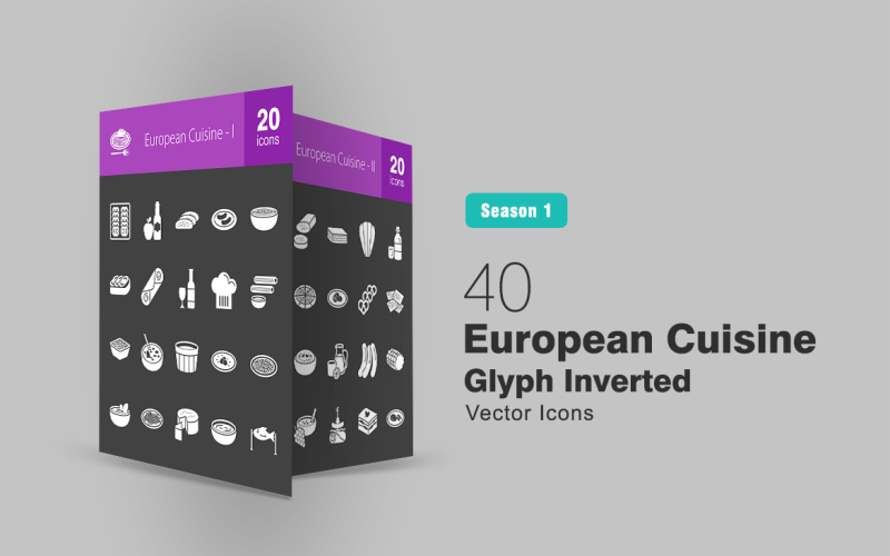 Conjunto de iconos invertidos de 40 glifos de cocina europea