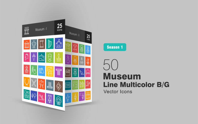 Download Набор иконок "50 Museum Line Multicolor B/G Icon Set" / 50 Museum Line Multicolor B/G Icon Set - Набор иконок на тему графика museum,icon,building,antique,harp,castle,scroll,ancient,painting,monument,display,map,exhibit,canvass,escalator,jewel,sculpture,crown,dinosaur,tag