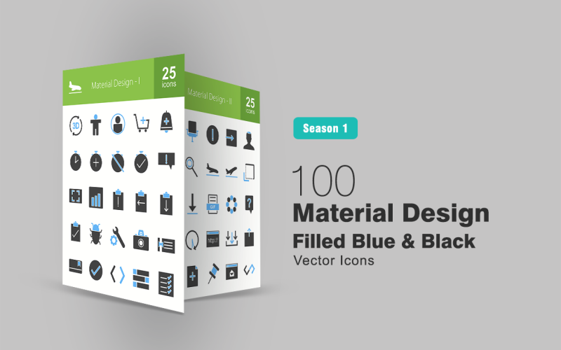 Набор из 100 синих и черных иконок Material Design