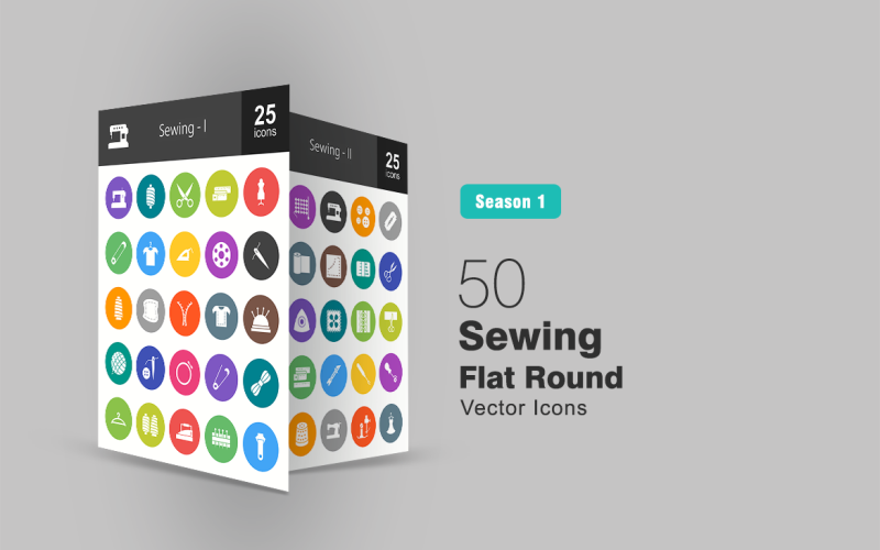 Download Набор иконок "50 Sewing Flat Round Icon Set" / 50 Sewing Flat Round Icon Set - Набор иконок на тему графика sewing,icon,machine,thread,scissors,tape,dummy,pin,shirt,iron,needle,zip,wool,button,embroidery,hanger,stitching,knitting,blade,clothes