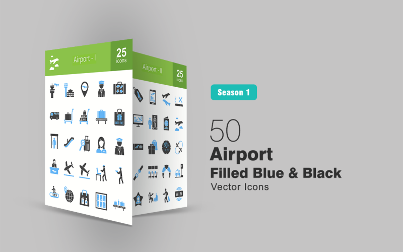 Download Набор иконок "50 Airport Filled Blue & Black Icon Set" / 50 Airport Filled Blue & Black Icon Set - Набор иконок на тему графика airport,icon,building,security,bus,luggage,passanger,crew,flight,plane,aeroplane,bag,fly,pilot,hostess,information,ticket,runway,seats,passport