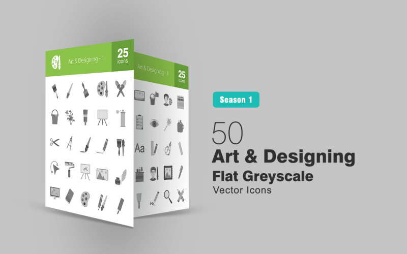 Download Набор иконок "50 Art & Designing Flat Greyscale Icon Set" / 50 Art & Designing Flat Greyscale Icon Set - Набор иконок на тему графика art icon designing design brush pencil paint spray scissors canvass image eraser artist grid clipboard colors tool drawing iconbunny flat