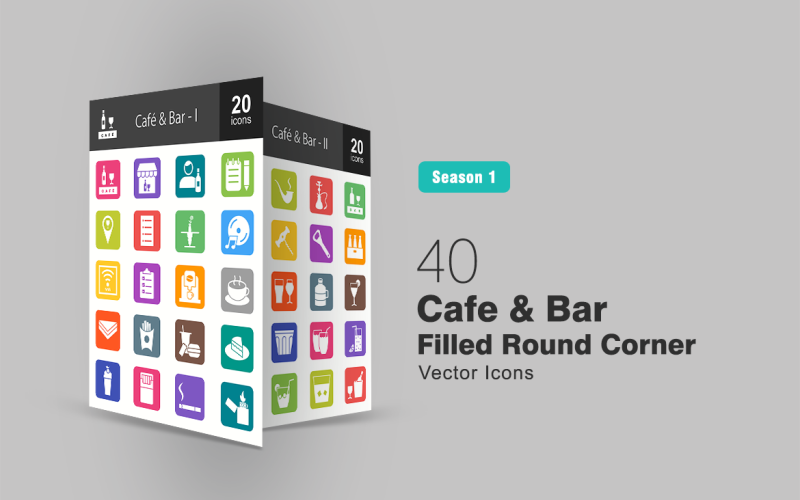 Download Набор иконок "40 Cafe & Bar Filled Round Corner Icon Set" / 40 Cafe & Bar Filled Round Corner Icon Set - Набор иконок на тему графика cafe,icon,bar,drinks,barkeeper,menu,music,wifi,orders,coffee,sandwich,fries,lunch,cake,milkshake,cigarettes,lighter,cigar,smoking,pipe