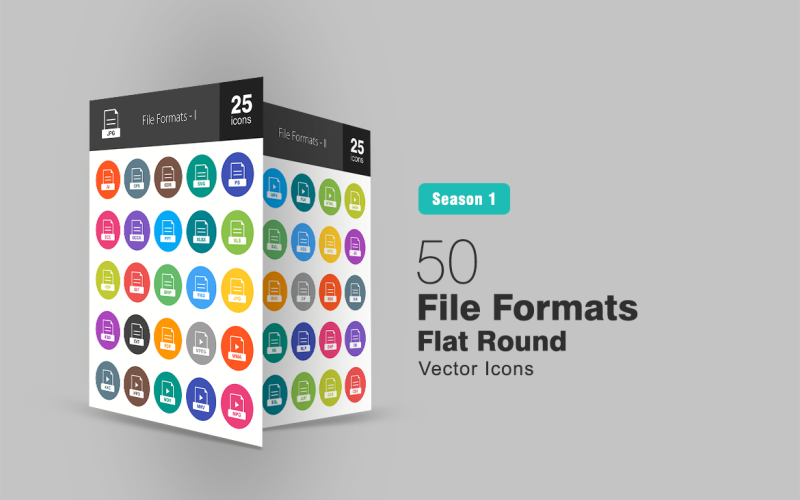 Download Набор иконок "50 File Formats Flat Round Icon Set" / 50 File Formats Flat Round Icon Set - Набор иконок на тему графика files icon ai png jpg mp3 doc txt xls pdf css htm rss js psd xml avi eps iconbunny flat