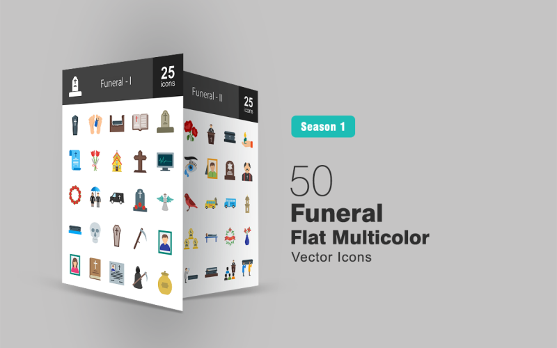 Download Набор иконок "50 Funeral Flat Multicolor Icon Set" / 50 Funeral Flat Multicolor Icon Set - Набор иконок на тему графика funeral,icon,casket,deadbody,coffin,grave,death,church,family,angel,skull,obituary,ashes,priest,wreath,graveyard,mosque,crying,body,rest
