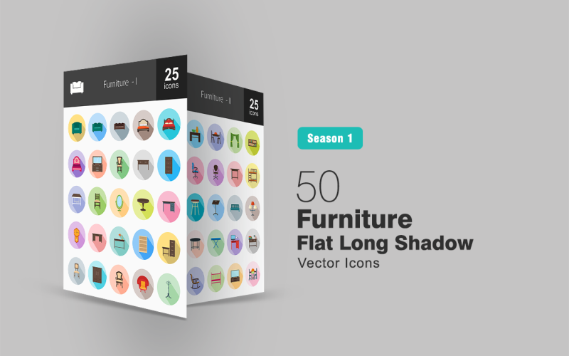 50 Furniture Flat Long Shadow Icon Set