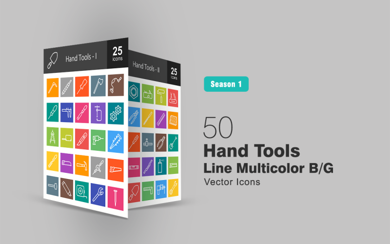 Download Набор иконок "50 Hand Tools Line Multicolor B/G Icon Set" / 50 Hand Tools Line Multicolor B/G Icon Set - Набор иконок на тему графика tools,icon,axe,caliper,chisel,cog,wheel,compass,saw,cutter,drill,file,hammer,shovel,marker,measuring,tape,wrench,nail,nut