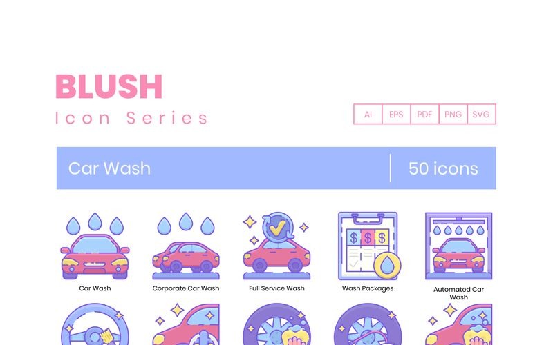 50 ikon na mytí aut - sada řady Blush