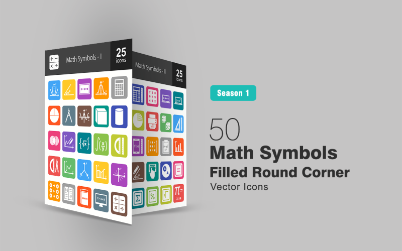 Download Набор иконок "50 Math Symbols Filled Round Corner Icon Set" / 50 Math Symbols Filled Round Corner Icon Set - Набор иконок на тему графика math,icon,symbols,algebra,angle,arithmetic,graph,circle,compass,cube,cylinder,formula,geometry,integral,logic,book,measurement,number,calculation,pie