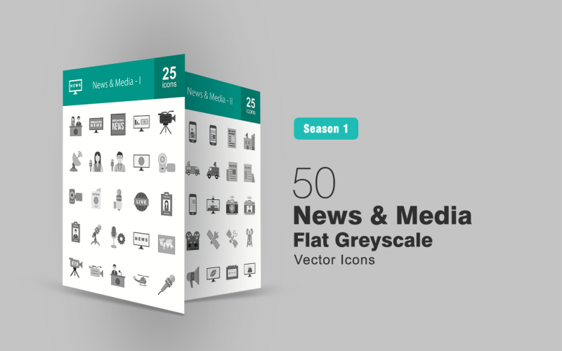 50 noticias y medios de comunicación plana conjunto de iconos en escala de grises