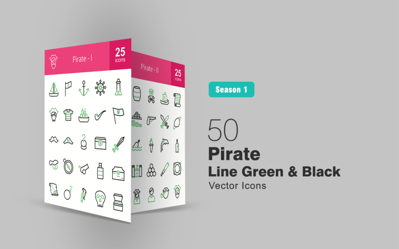 Download Набор иконок "50 Pirate Line Green & Black Icon Set" / 50 Pirate Line Green & Black Icon Set - Набор иконок на тему графика pirate,icon,boat,ship,anchor,lighthouse,flag,hat,hook,treasure,sword,necklace,rum,bottle,map,cannon,ball,parrot,barrel,scroll