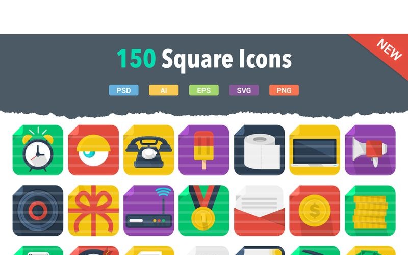 150 quadratische flache Symbole gesetzt