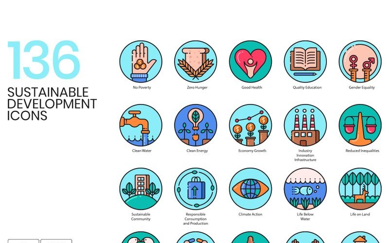 136 Sustainable Development Icons - Aesthetic Series Set