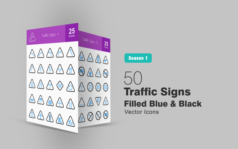 Download Набор иконок "50 Traffic Signs Filled Blue & Black Icon Set" / 50 Traffic Signs Filled Blue & Black Icon Set - Набор иконок на тему графика traffic icon signs curve turn signal bend lane horn danger sign give way stop railway dead end bridge speed limit