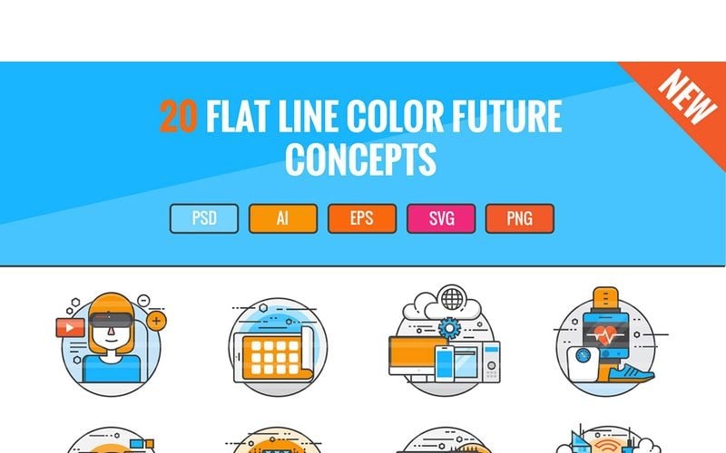 Zestaw ikon przyszłości koncepcje 20 płaskich kolorów linii