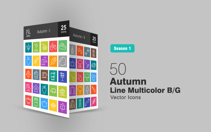 Download Набор иконок "50 Autumn Line Multicolor B/G Icon Set" / 50 Autumn Line Multicolor B/G Icon Set - Набор иконок на тему графика autumn,icon,tree,leaf,apple,pie,bird,boots,coat,coffee,muffin,drink,falling,leaves,flower,soup,kettle,candle,mushrooms,pumpkin