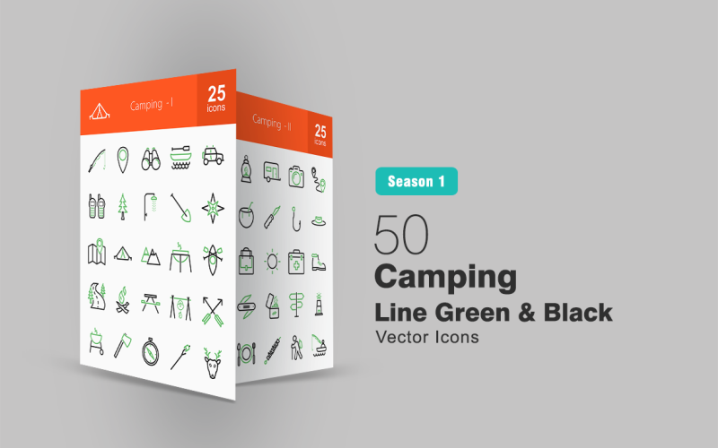 Download Набор иконок "50 Camping Line Green & Black Icon Set" / 50 Camping Line Green & Black Icon Set - Набор иконок на тему графика camp icon camping fishing safari shower boat maps compass trees backpack campfire hat cooking pocket knife lamp wild animal road