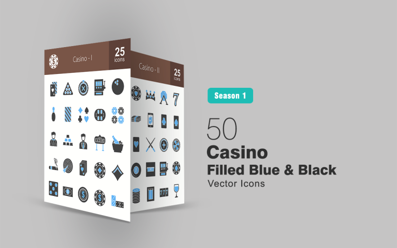 50 Casino Filled Blue & Black Icon Set