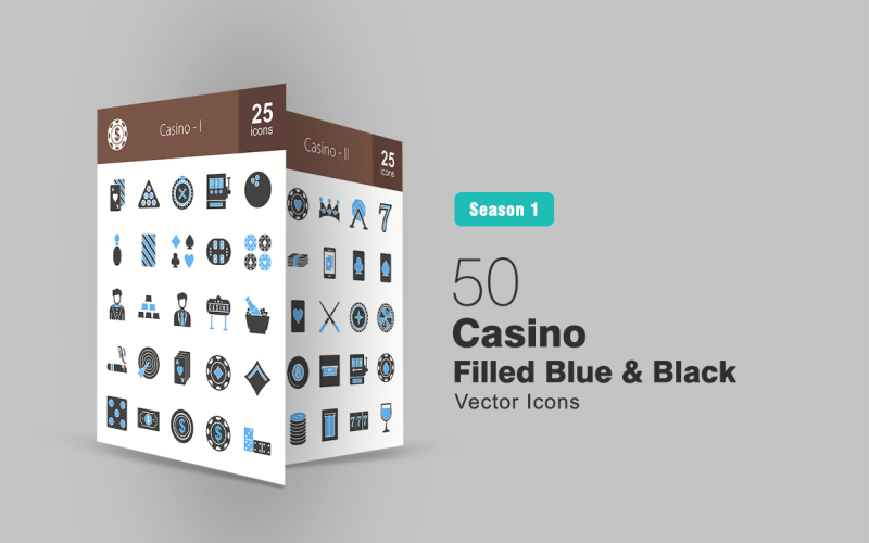 50 Casino lleno azul y negro conjunto de iconos