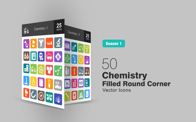 Download Набор иконок "50 Chemistry Filled Round Corner Icon Set" / 50 Chemistry Filled Round Corner Icon Set - Набор иконок на тему графика chemistry,icon,science,chemical,flask,funnel,microscope,poisonous,oxygen,mask,goggles,hazard,experiment,atom,structure,molecule,burner,tongs,beaker,scientist