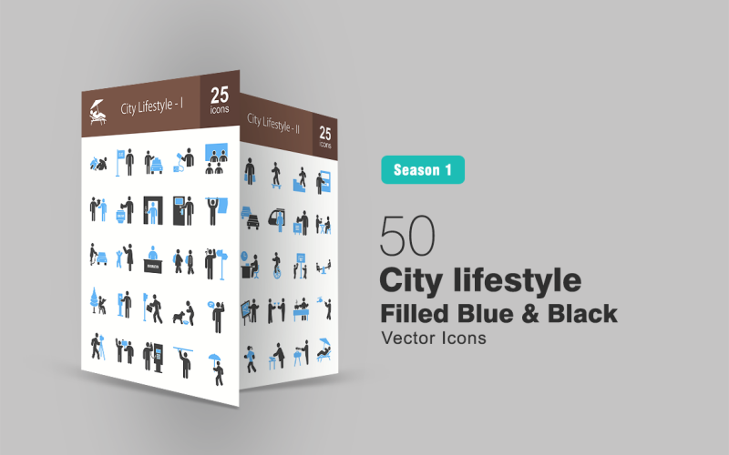 Download Набор иконок "50 City Lifestyle Filled Blue & Black Icon Set" / 50 City Lifestyle Filled Blue & Black Icon Set - Набор иконок на тему графика city,icon,lifestyle,swinging,charging,phone,resting,dressing,knocking,waving,cycling,going,to,school,sitting,in,park,crossing,road,feeding